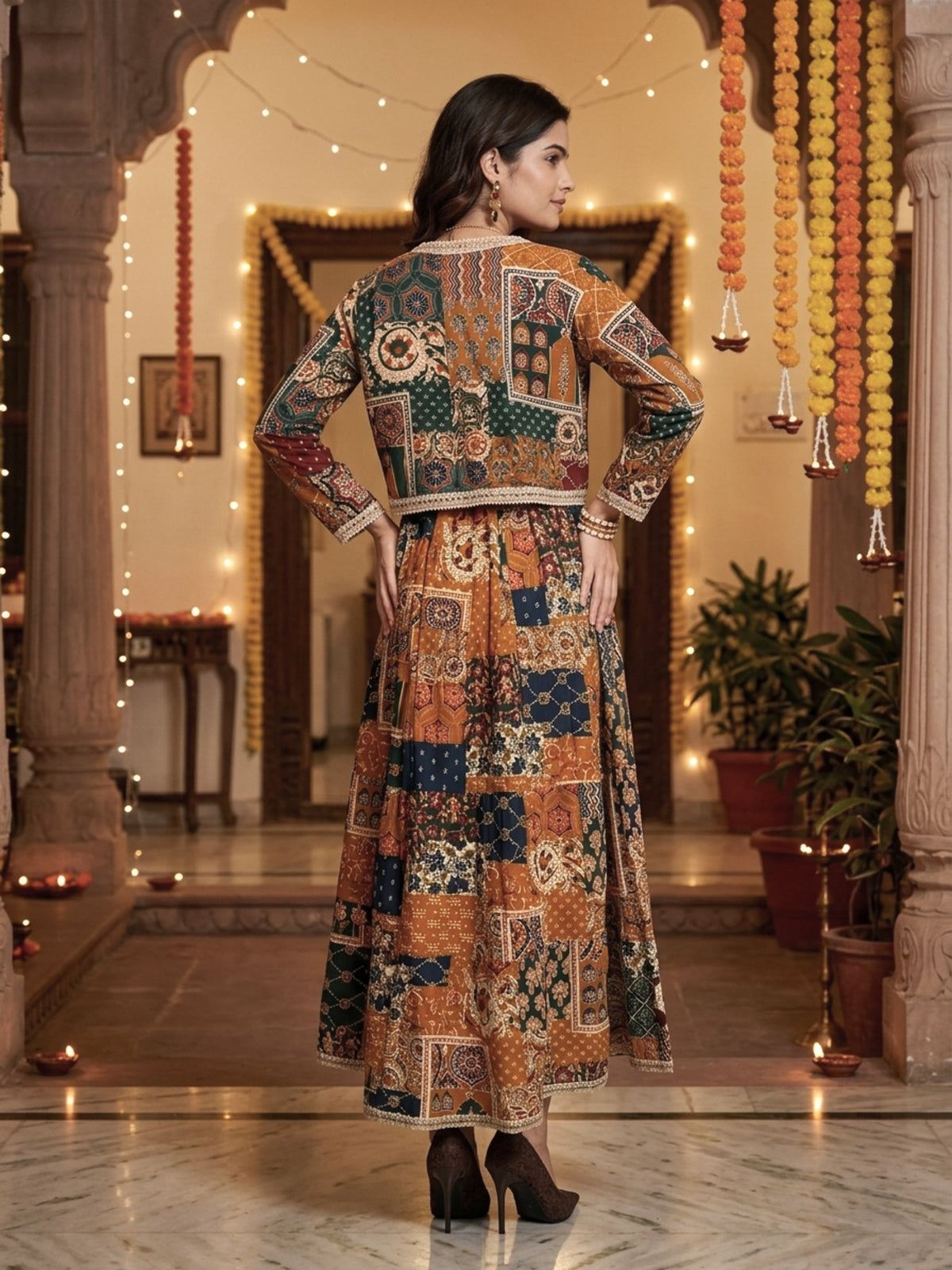 Women’s Printed Maxi Dress with Jacket – Cotton Ethnic Wear