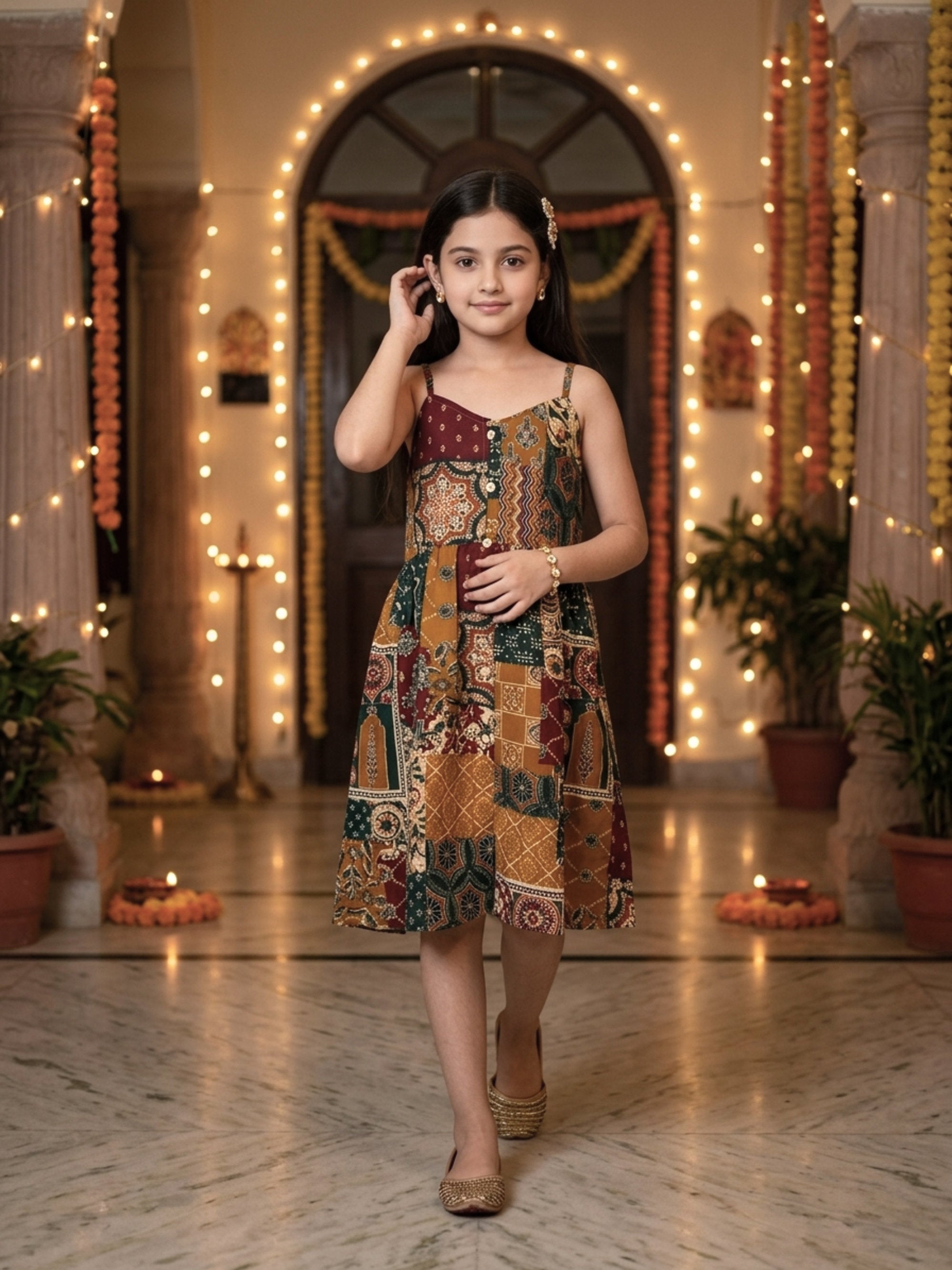 Girl’s Cotton A-Line Midi Dress – Festive Wear