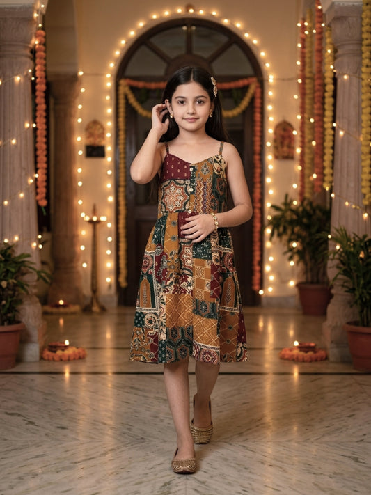 Girl’s Cotton A-Line Midi Dress – Festive Wear