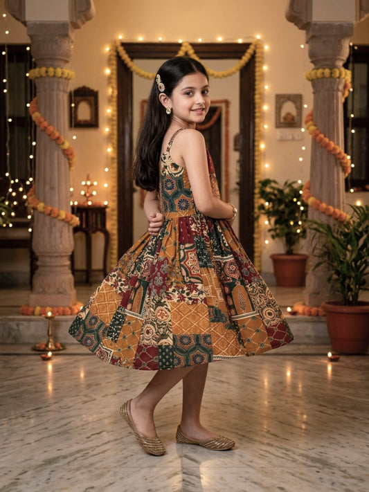 Girl’s Cotton A-Line Midi Dress – Festive Wear