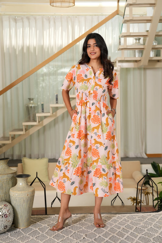 Women Printed Midi Dress – Tropical Vacation Beach and Pool Party Outfit