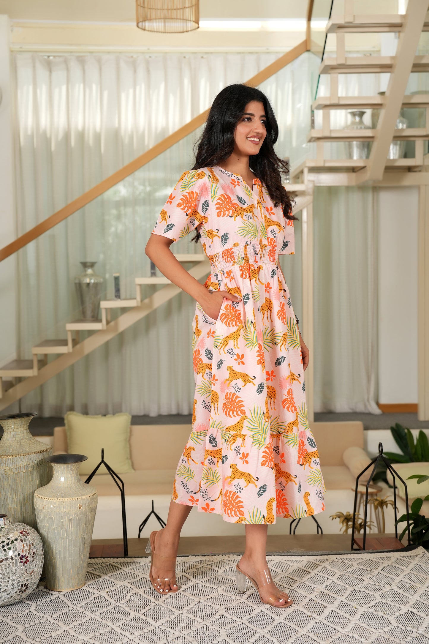 Women Printed Midi Dress – Tropical Vacation Beach and Pool Party Outfit