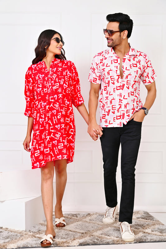 Couple Matching Valentine Outfit – Love Script Shirt & Dress Combo