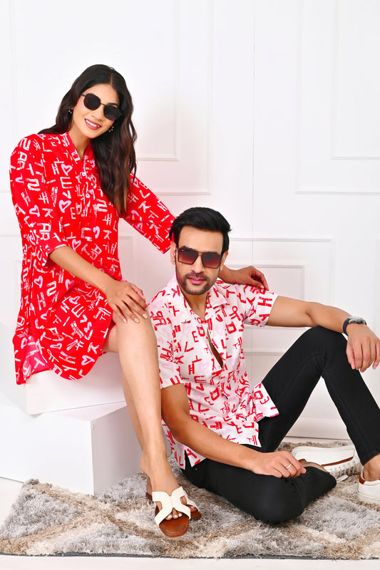 Couple Matching Valentine Outfit – Love Script Shirt & Dress Combo