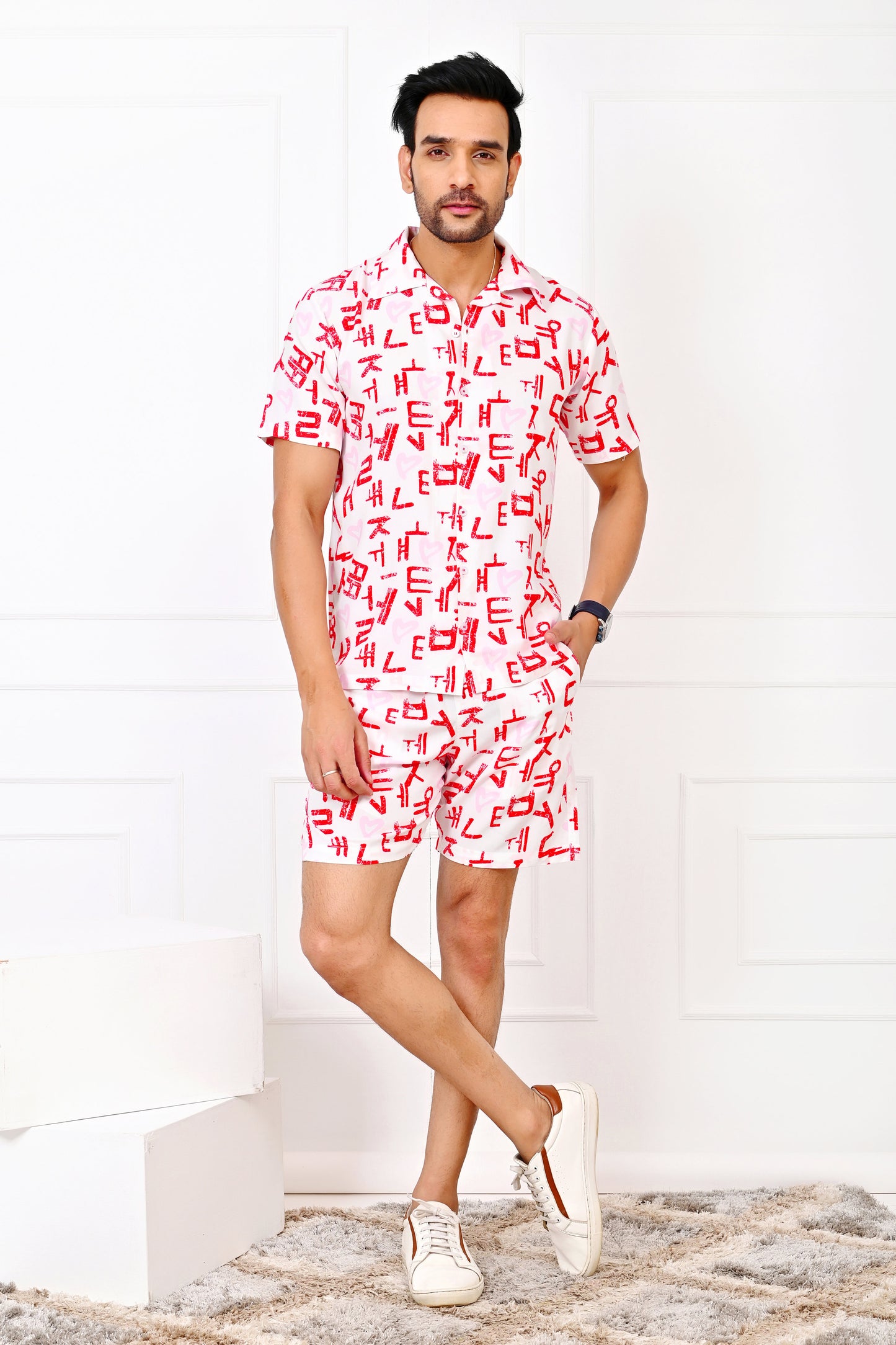 Men’s Love Script White Co-Ord Set – Romantic Shirt & Shorts Valentine Outfit