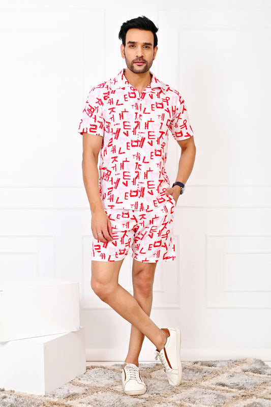 Men’s Love Script White Co-Ord Set – Romantic Shirt & Shorts Valentine Outfit