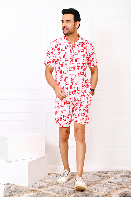 Men’s Love Script White Co-Ord Set – Romantic Shirt & Shorts Valentine Outfit