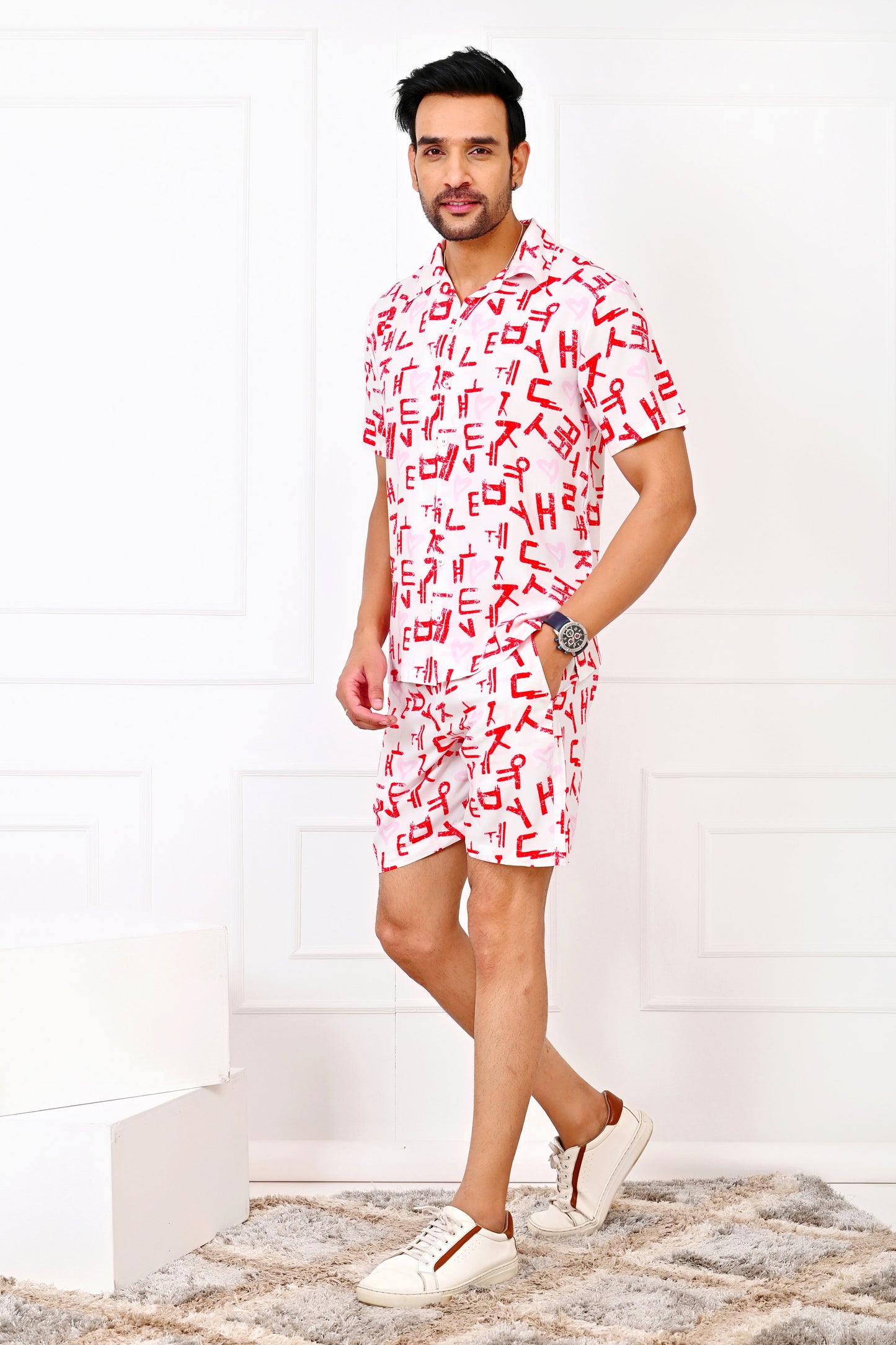 Men’s Love Script White Co-Ord Set – Romantic Shirt & Shorts Valentine Outfit