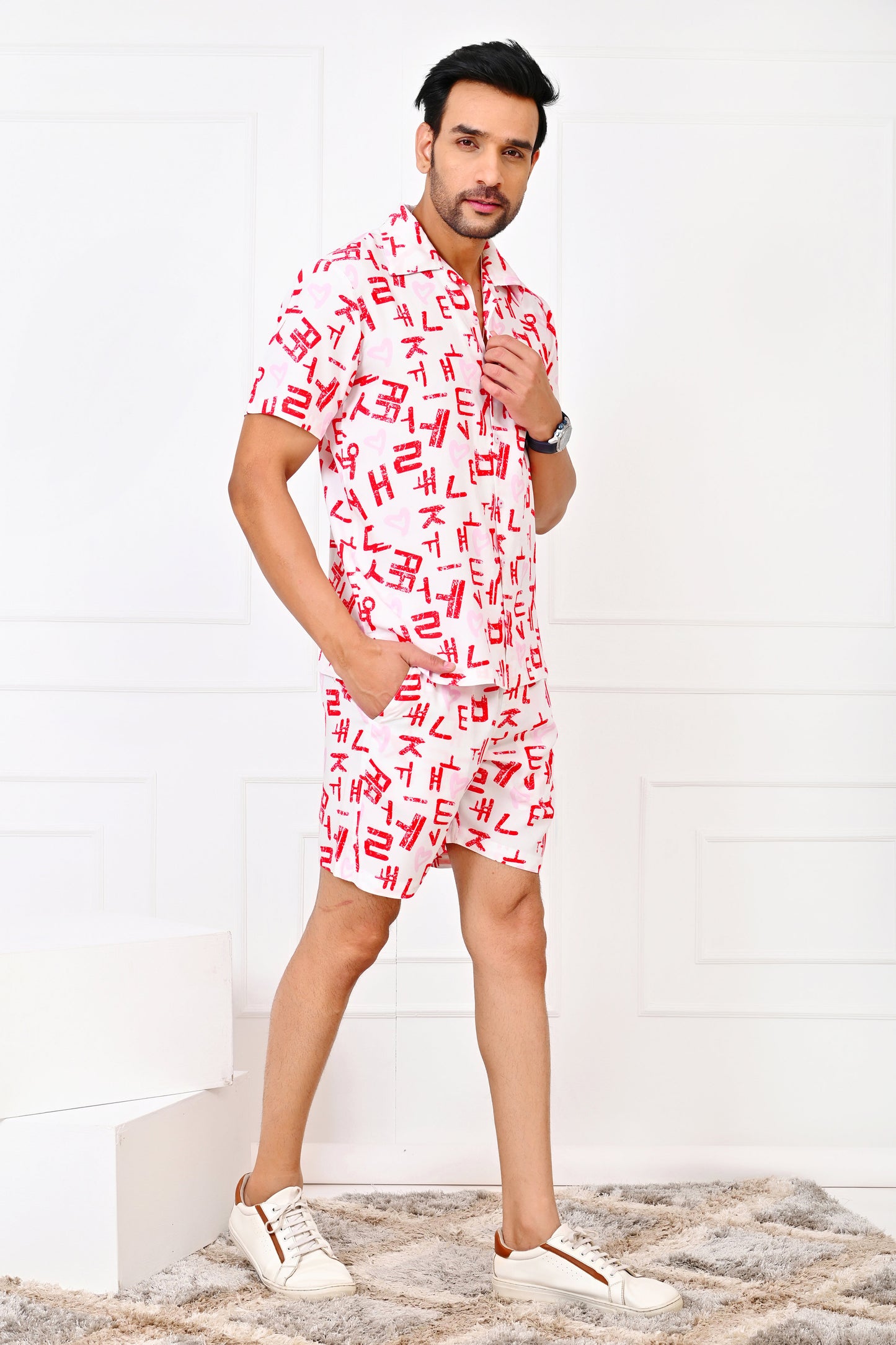 Men’s Love Script White Co-Ord Set – Romantic Shirt & Shorts Valentine Outfit