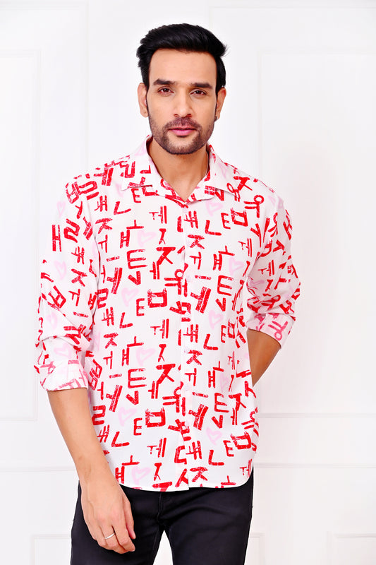 Men’s White Love Script Full Sleeve Shirt – Romantic Valentine Outfit
