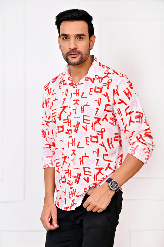Men’s White Love Script Full Sleeve Shirt – Romantic Valentine Outfit