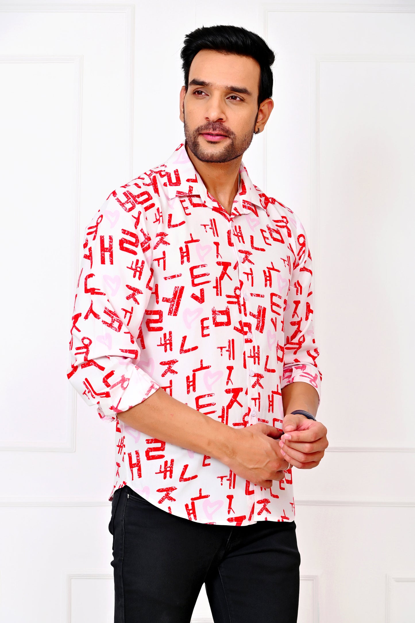Men’s White Love Script Full Sleeve Shirt – Romantic Valentine Outfit