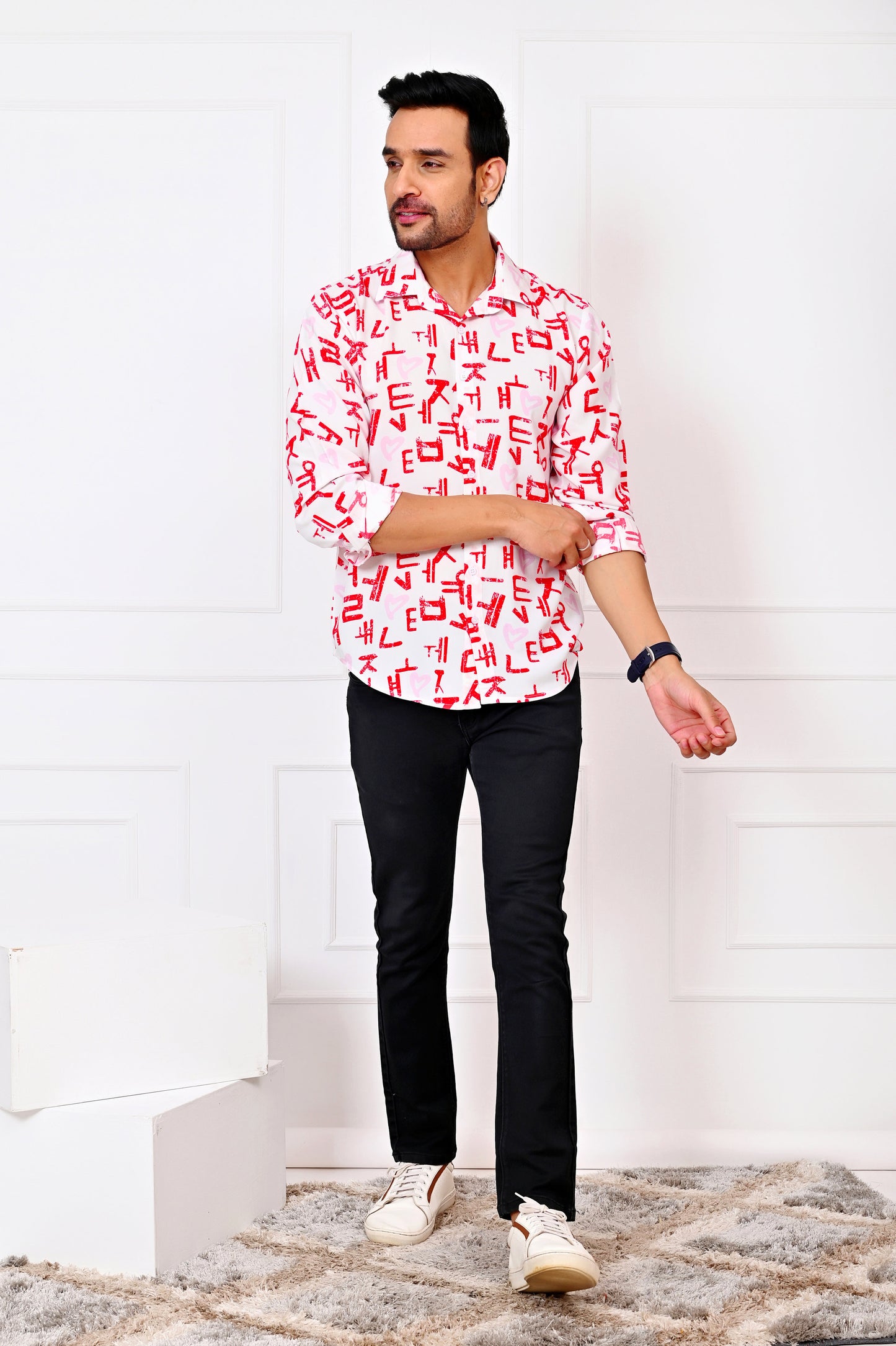 Men’s White Love Script Full Sleeve Shirt – Romantic Valentine Outfit