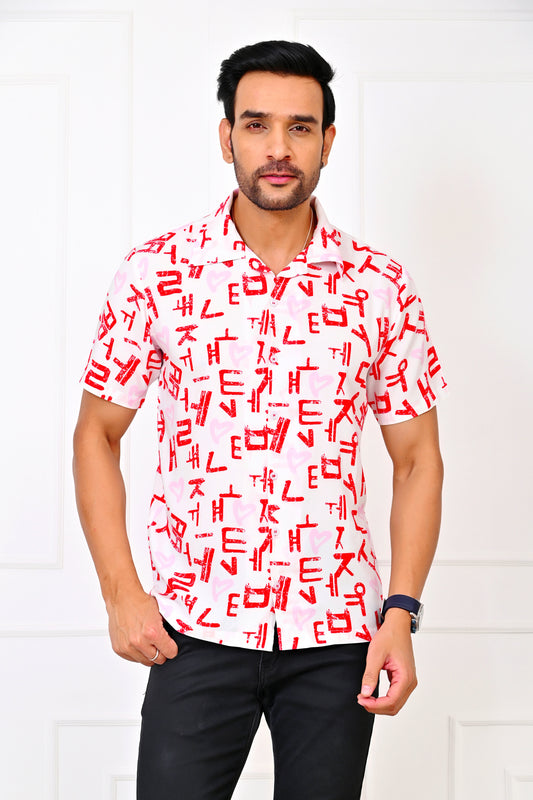 Men’s White Love Script Short Sleeve Shirt – Valentine Casual Wear
