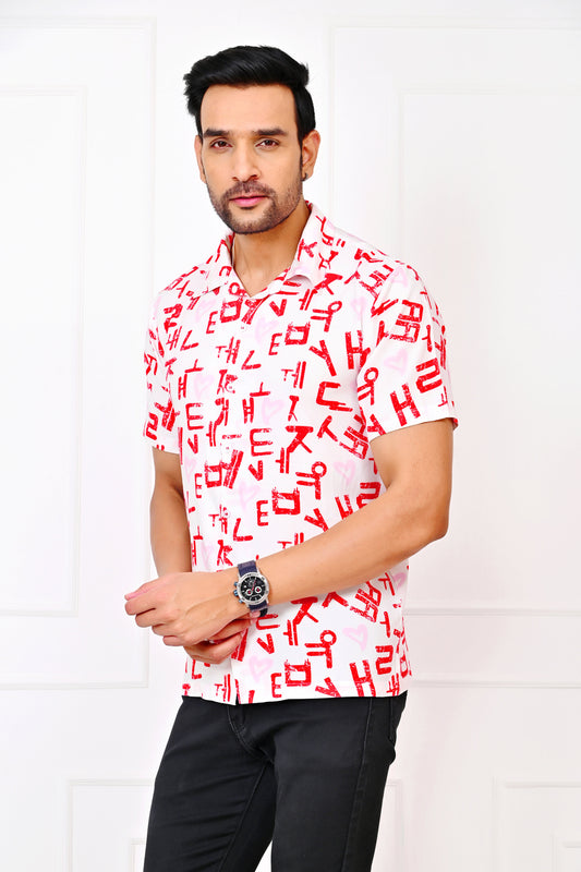 Men’s White Love Script Short Sleeve Shirt – Valentine Casual Wear