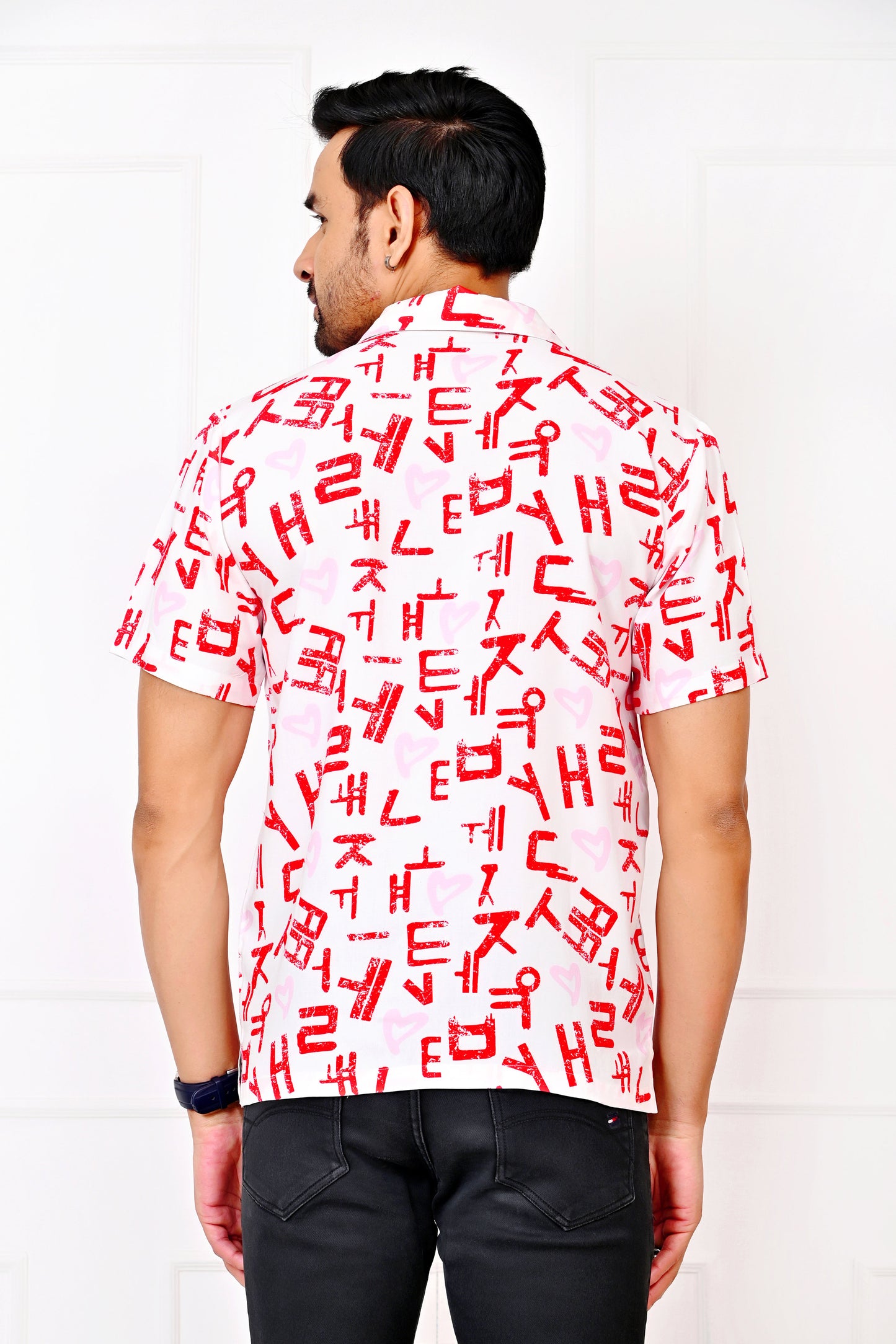 Men’s White Love Script Short Sleeve Shirt – Valentine Casual Wear