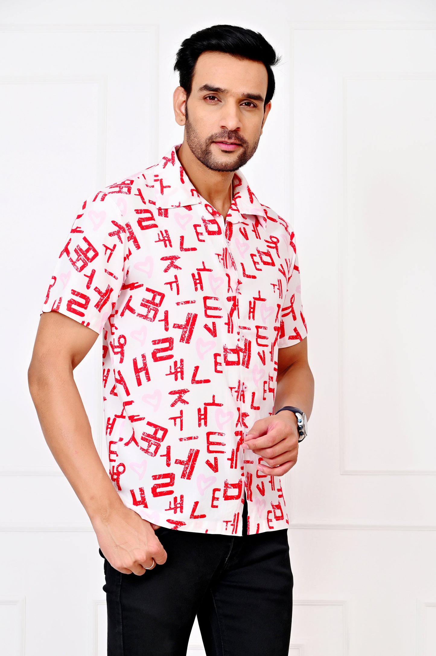 Men’s White Love Script Short Sleeve Shirt – Valentine Casual Wear