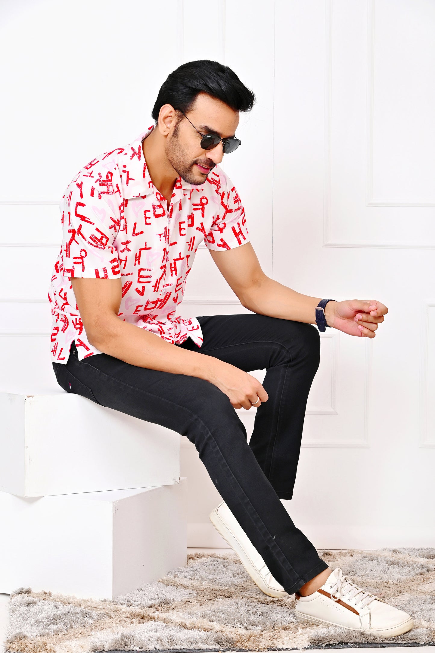Men’s White Love Script Short Sleeve Shirt – Valentine Casual Wear