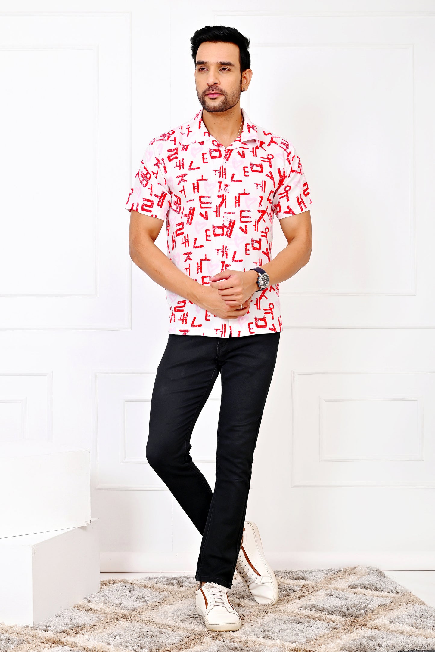 Men’s White Love Script Short Sleeve Shirt – Valentine Casual Wear