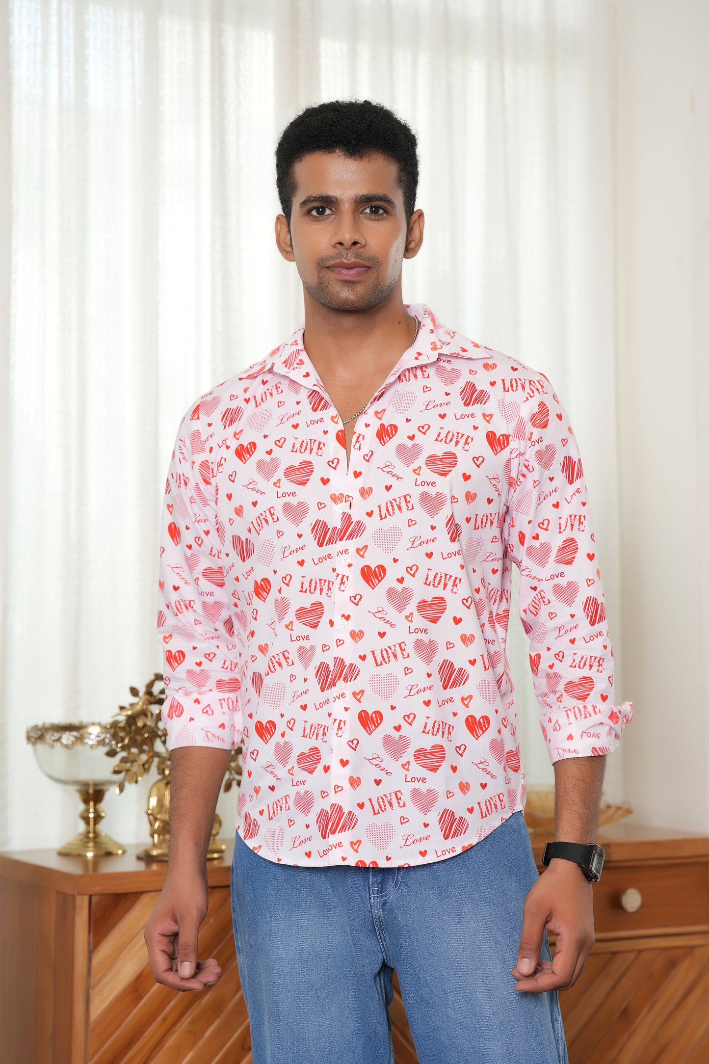 Men’s White Love Script Full Sleeve Shirt – Romantic Valentine Outfit