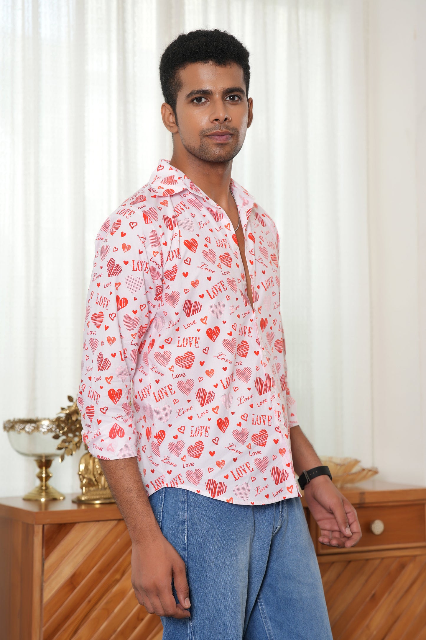 Men’s White Love Script Full Sleeve Shirt – Romantic Valentine Outfit