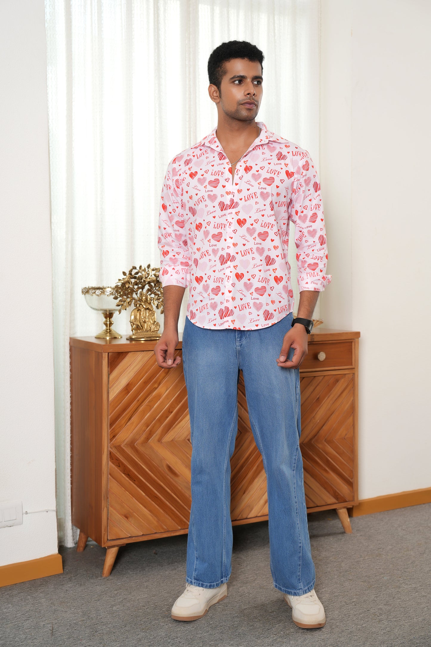 Men’s White Love Script Full Sleeve Shirt – Romantic Valentine Outfit