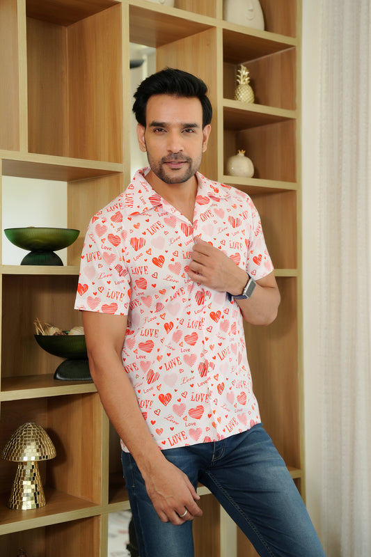 Men’s White Love Script Short Sleeve Shirt – Valentine Casual Wear