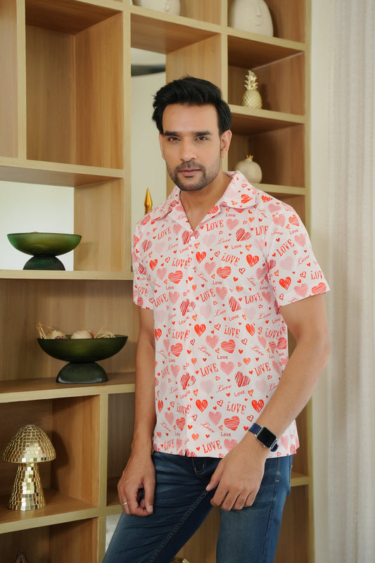 Men’s White Love Script Short Sleeve Shirt – Valentine Casual Wear