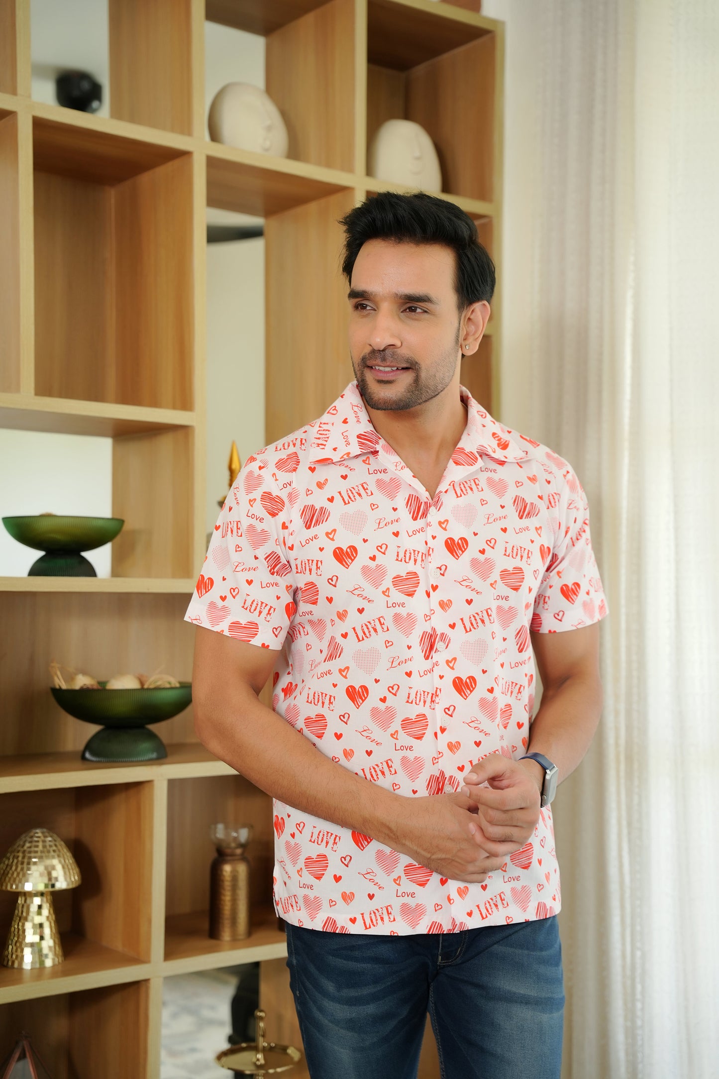 Men’s White Love Script Short Sleeve Shirt – Valentine Casual Wear