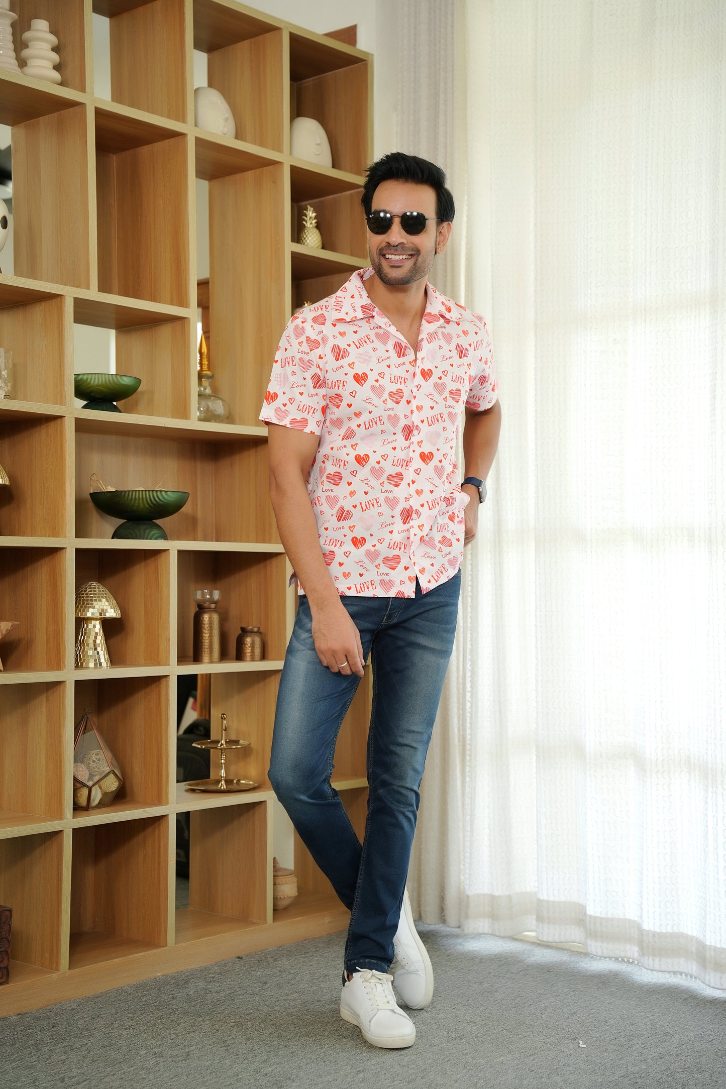 Men’s White Love Script Short Sleeve Shirt – Valentine Casual Wear