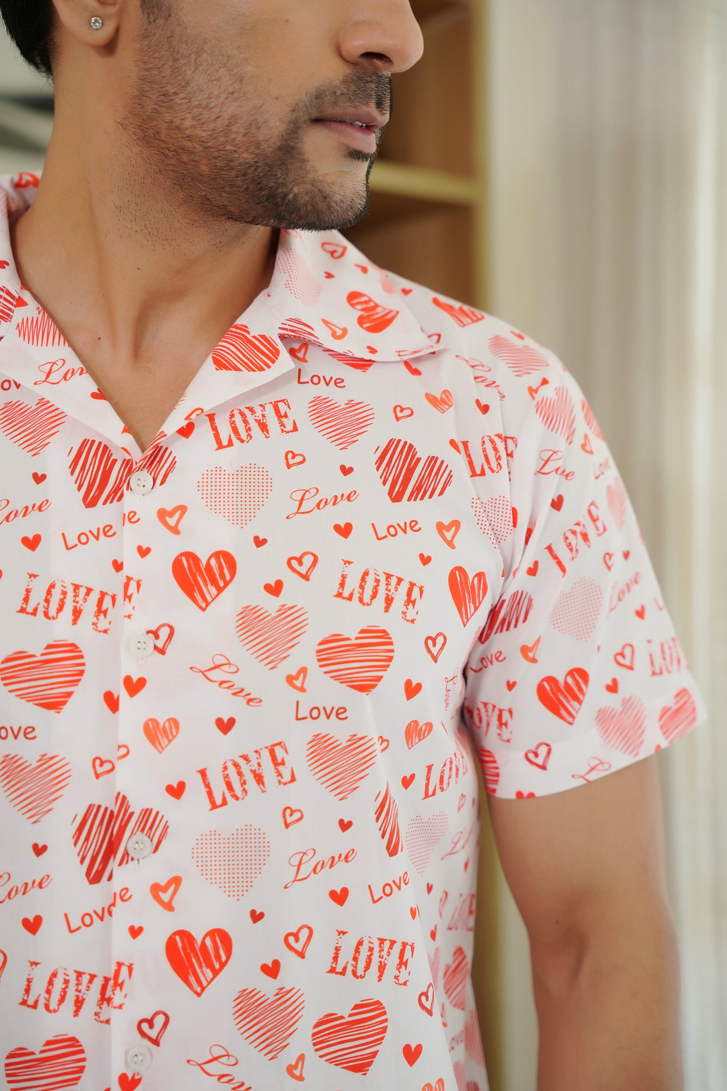 Men’s White Love Script Short Sleeve Shirt – Valentine Casual Wear