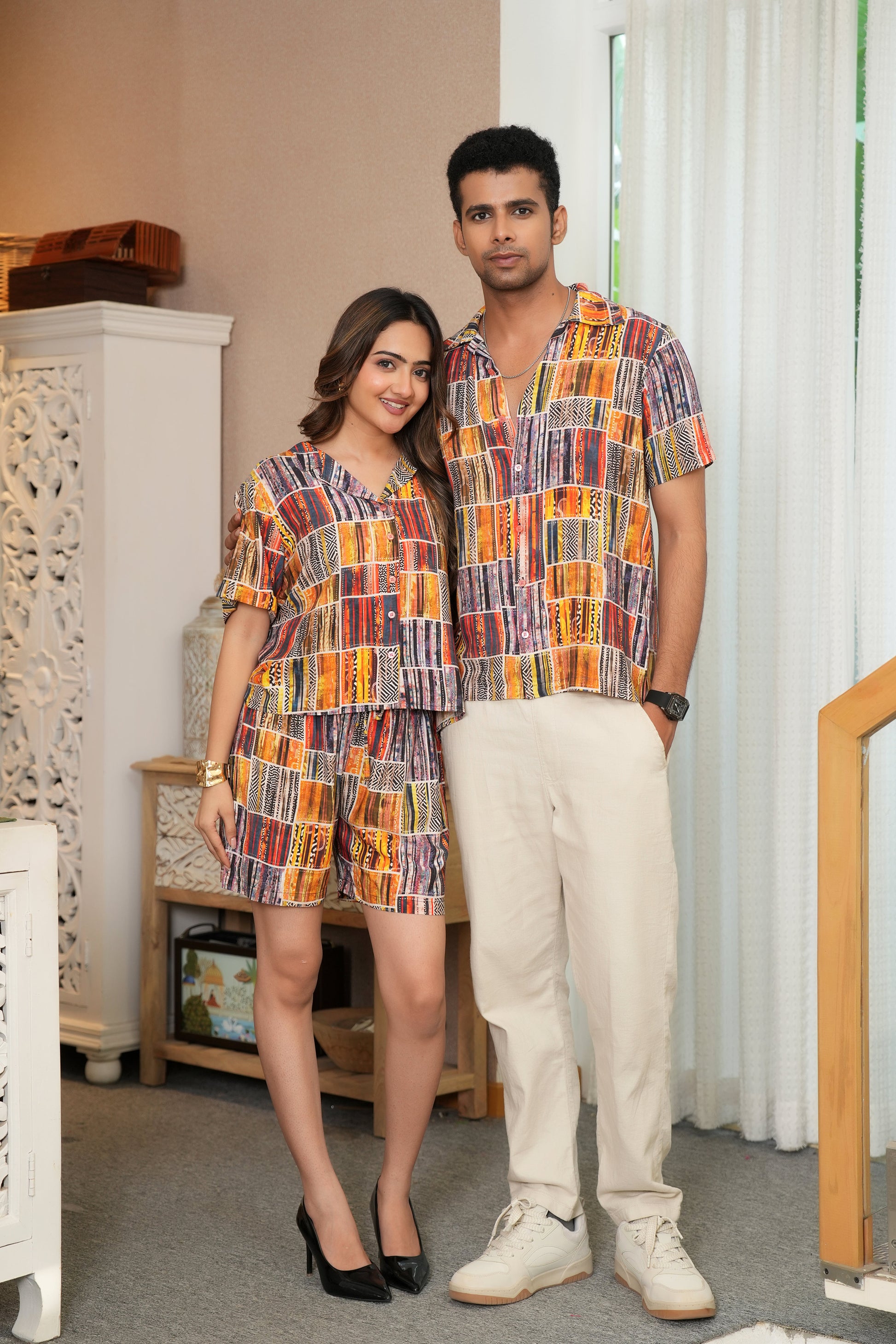 couples matching dress and shirt NoonSun - Couple Matching Puff-Sleeve Midi A-Line Dress / Shirt / Straight Leg Pants