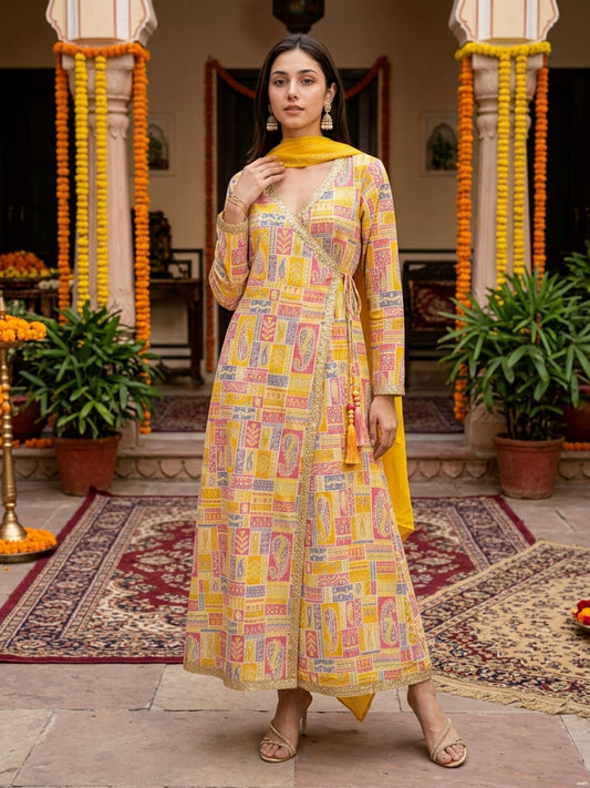 Women’s Printed Angrakha Maxi Dress – Cotton Festive Wear