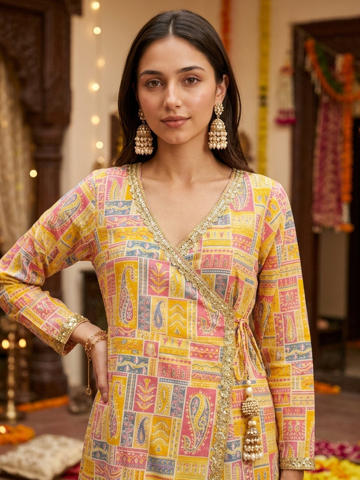 Women’s Printed Angrakha Maxi Dress – Cotton Festive Wear
