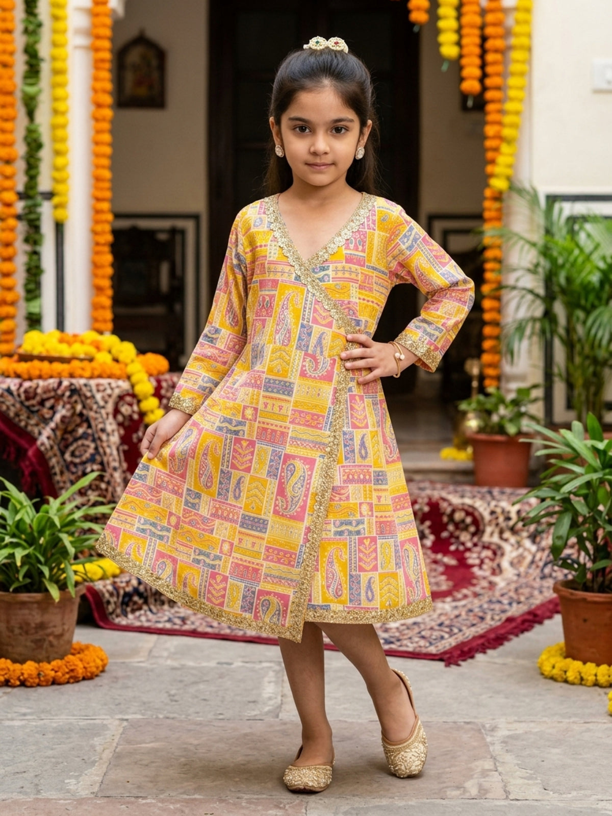 Girl’s Cotton A-Line Midi Dress – Festive Ethnic Wear