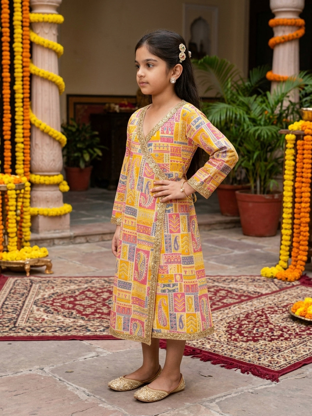 Girl’s Cotton A-Line Midi Dress – Festive Ethnic Wear