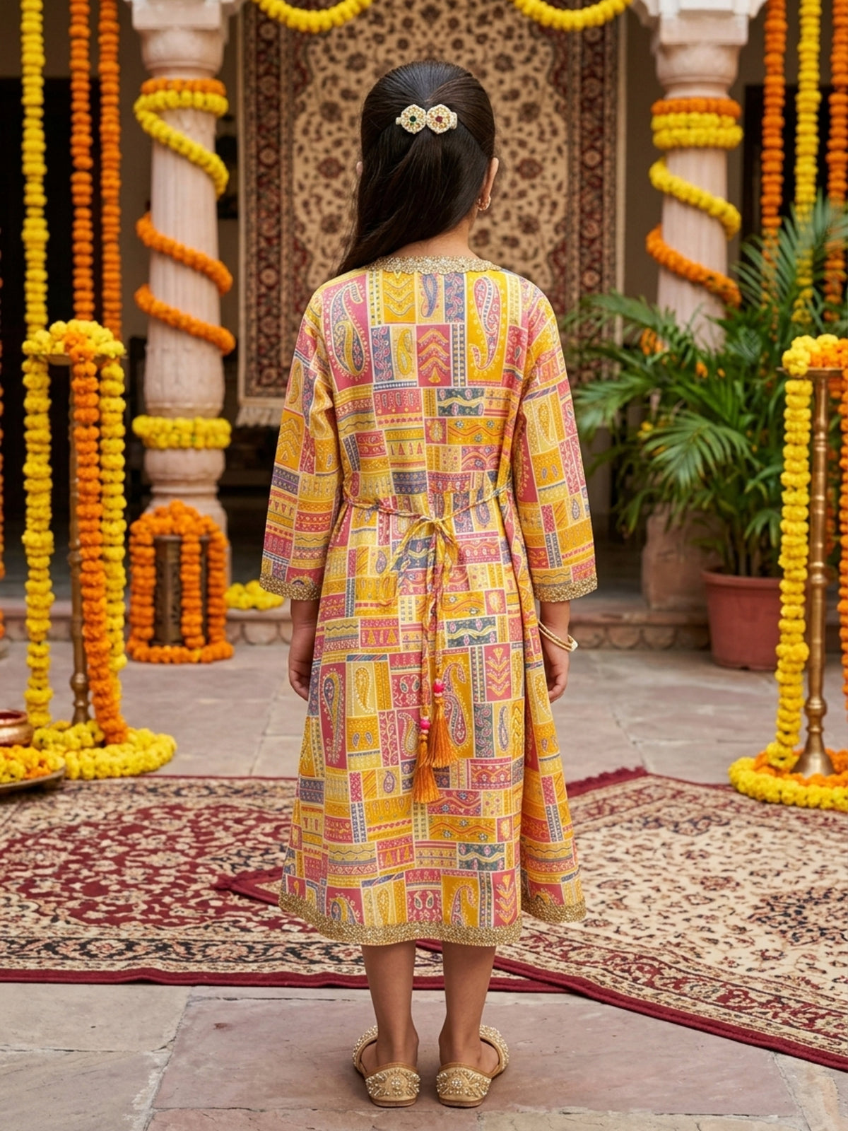 Girl’s Cotton A-Line Midi Dress – Festive Ethnic Wear