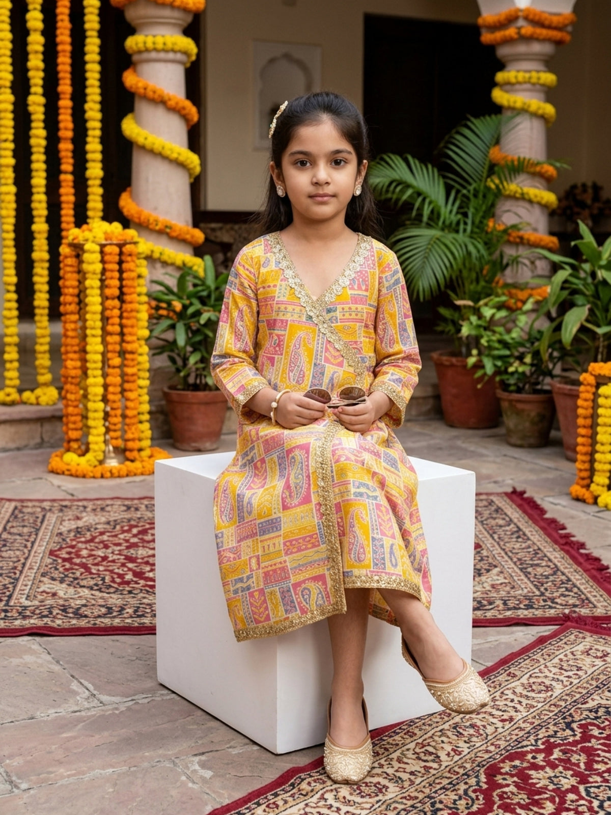 Girl’s Cotton A-Line Midi Dress – Festive Ethnic Wear