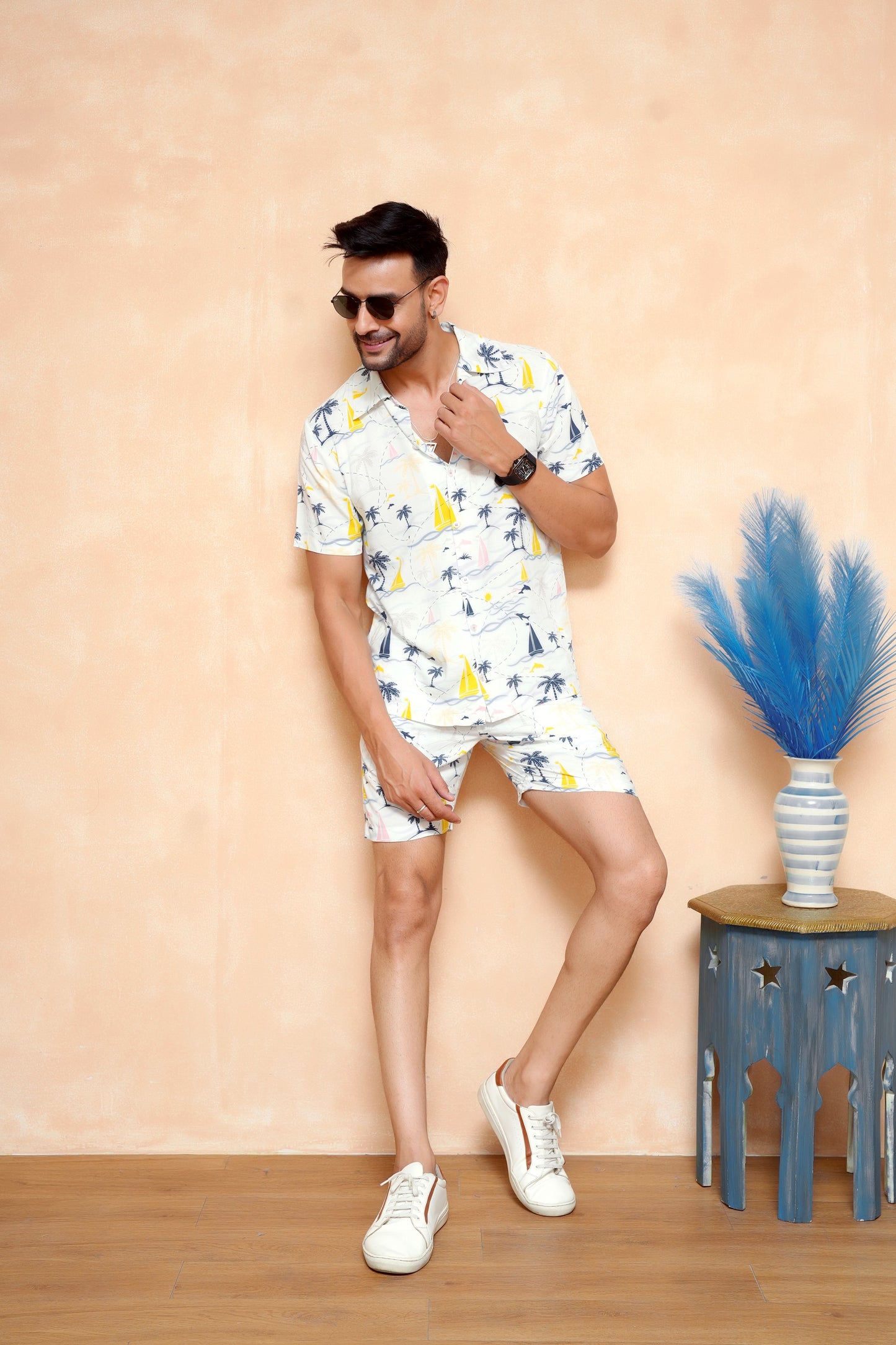 Men’s Tropical Co-Ord Set – Cabana Collar Shirt & Shorts Vacation Wear