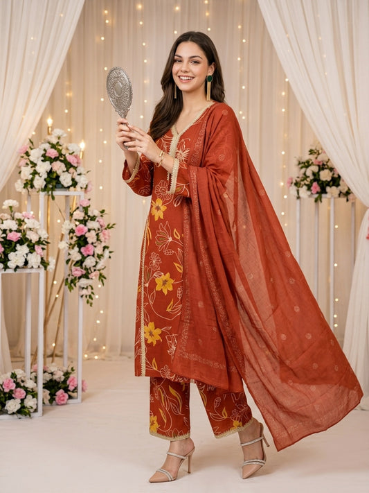 Women’s Cotton  3-Piece Straight Kurta – Festive Ethnic Wear
