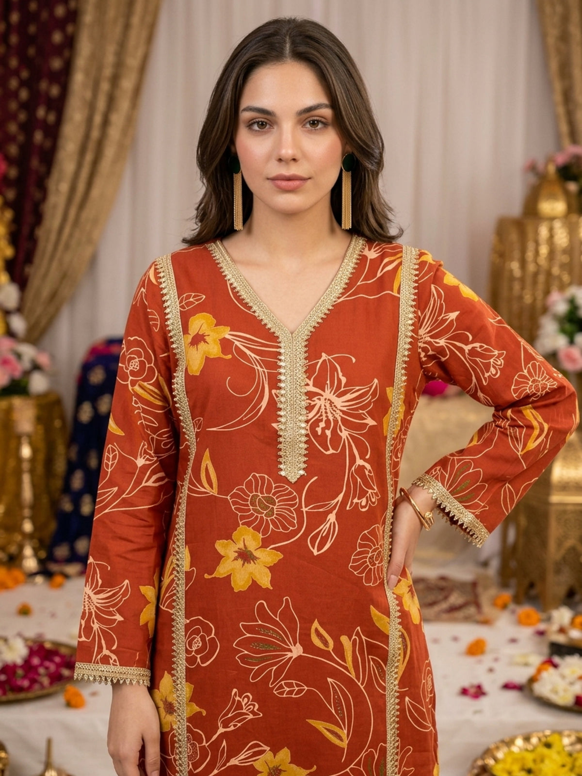 Women’s Cotton  3-Piece Straight Kurta – Festive Ethnic Wear