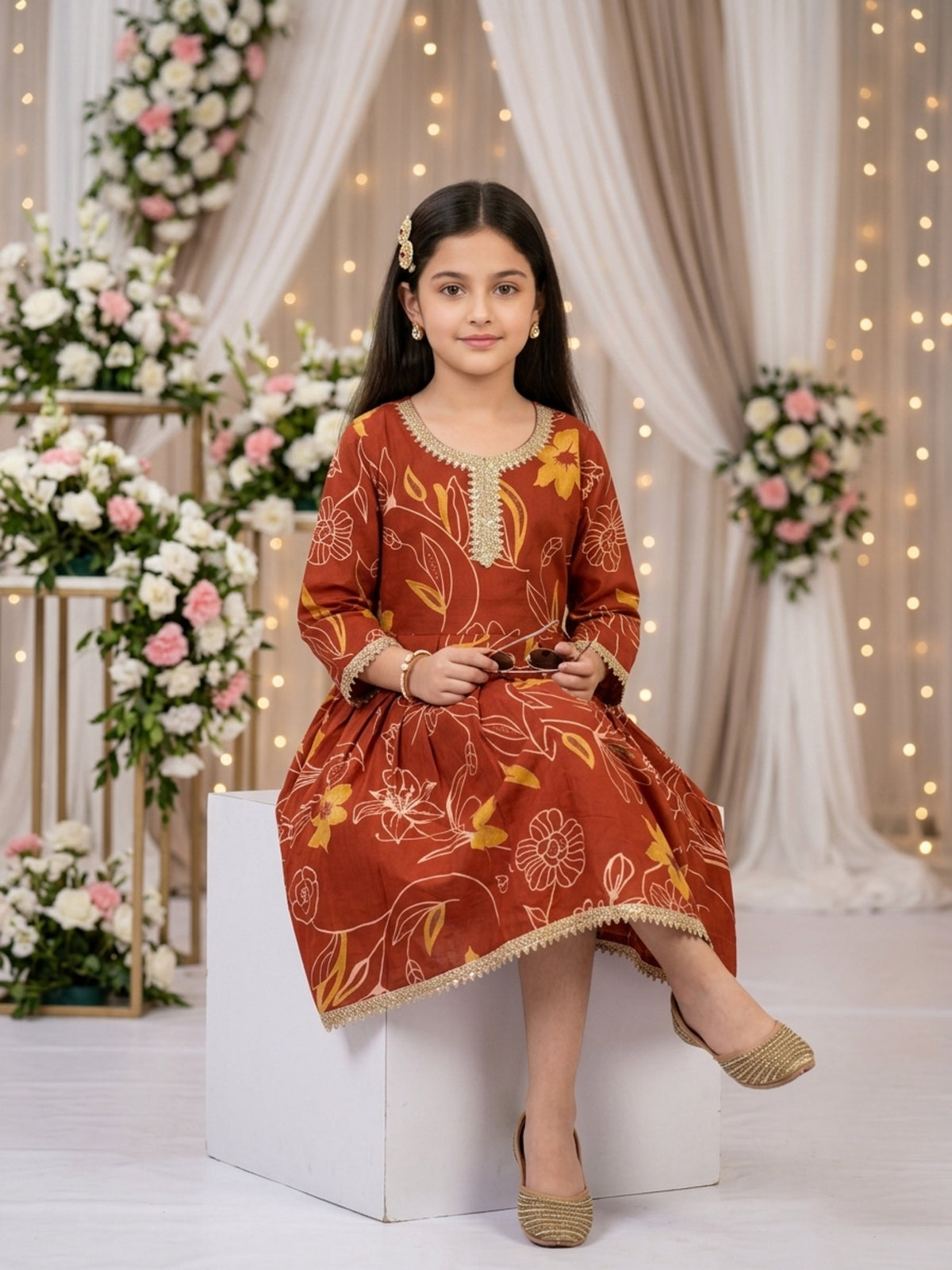Girl’s A-Line Midi Dress – Cotton Festive Wear