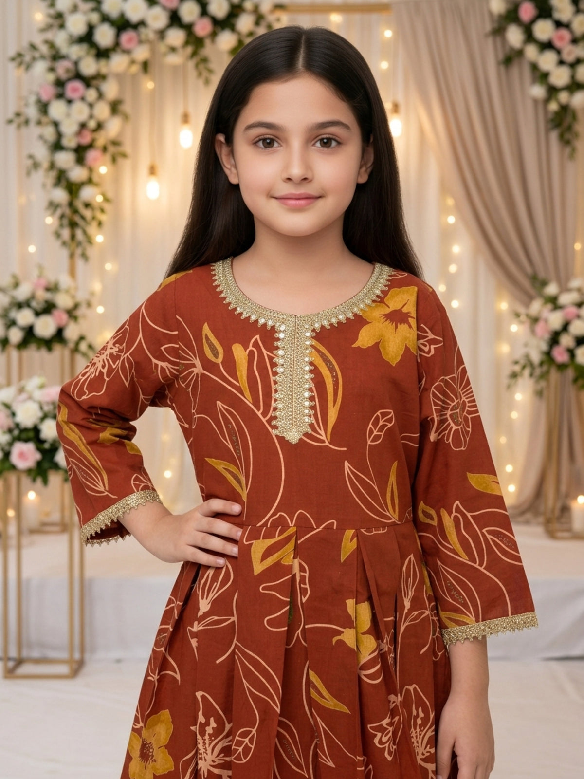 Girl’s A-Line Midi Dress – Cotton Festive Wear