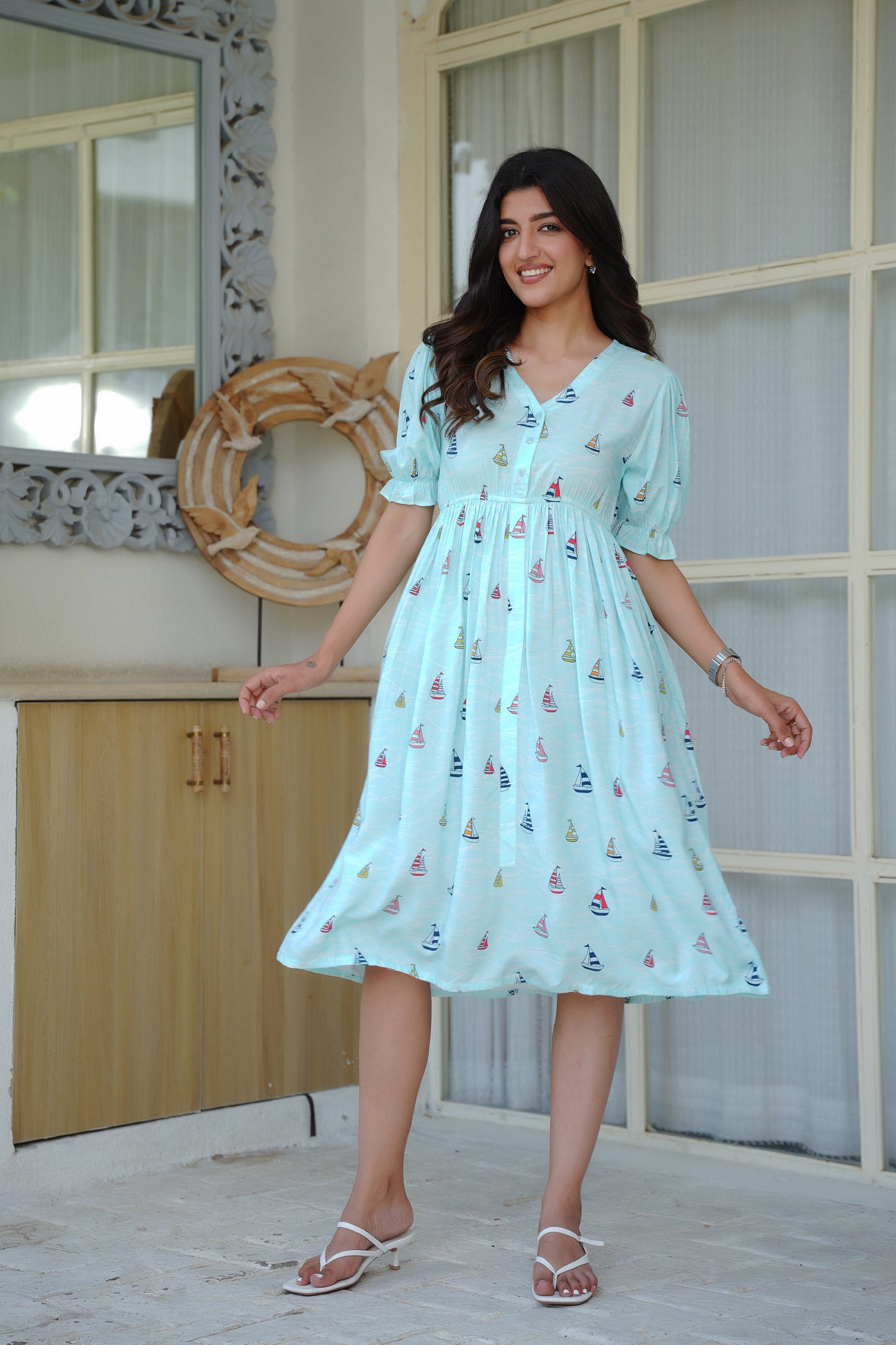 Women Printed Midi Dress – Tropical Vacation Beach and Pool Party Outfit