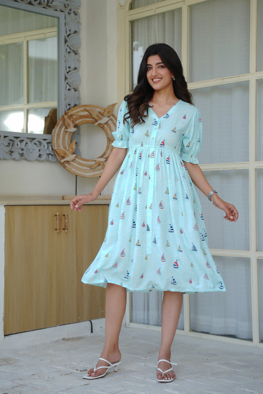 Women Printed Midi Dress – Tropical Vacation Beach and Pool Party Outfit