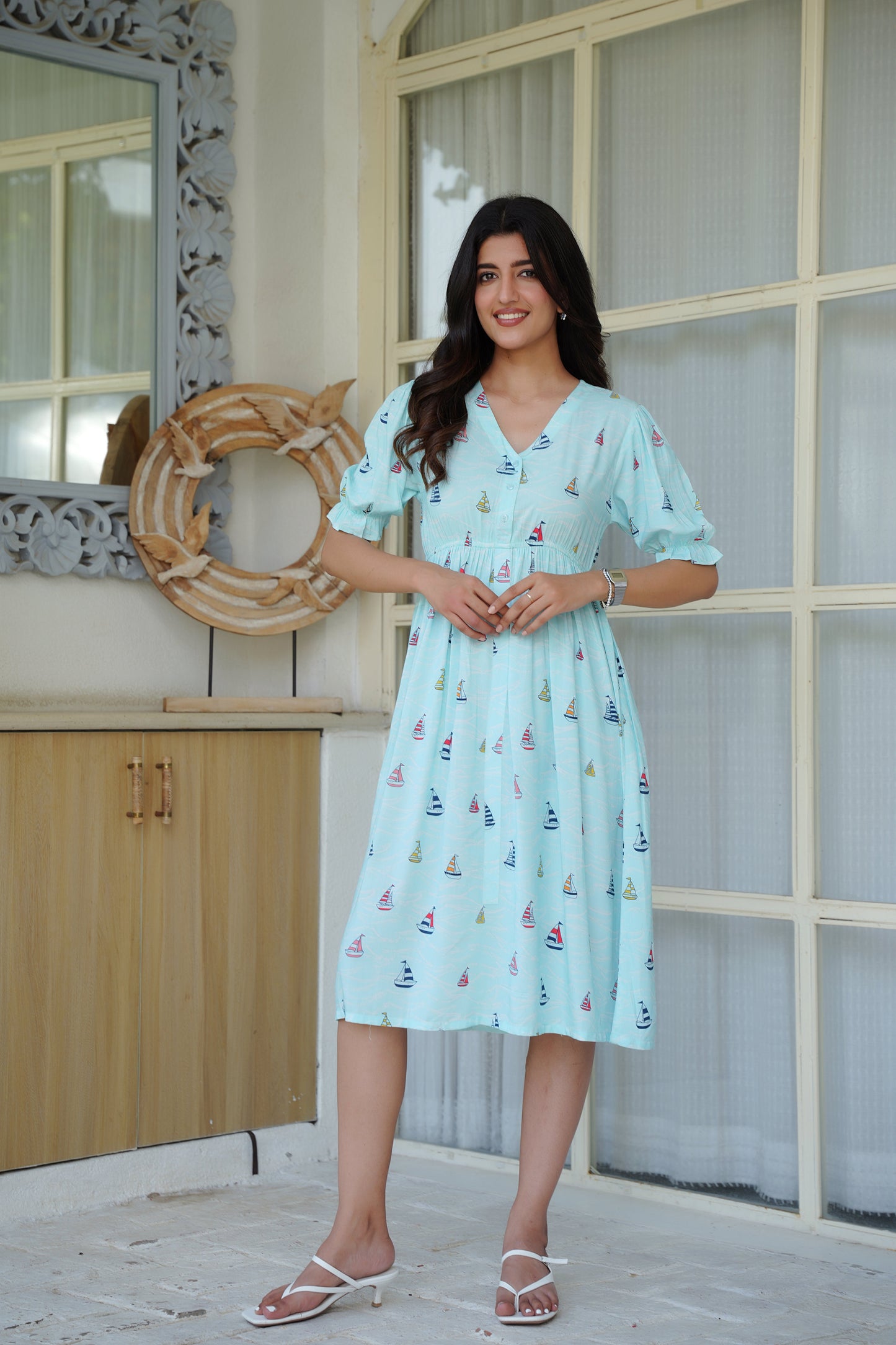 Women Printed Midi Dress – Tropical Vacation Beach and Pool Party Outfit