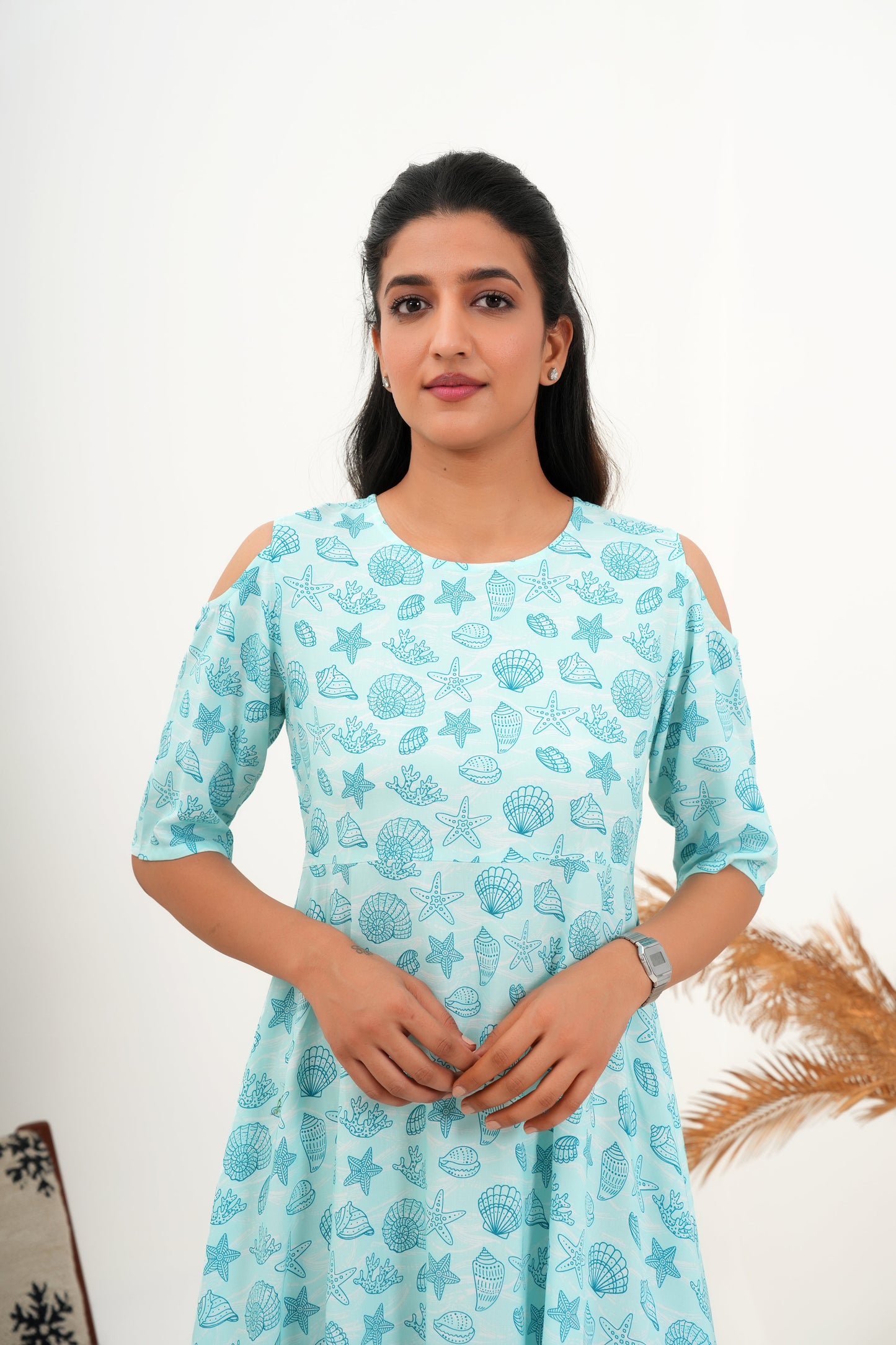 Midi A-Line Dress for Women – Tropical Print Resort Wear
