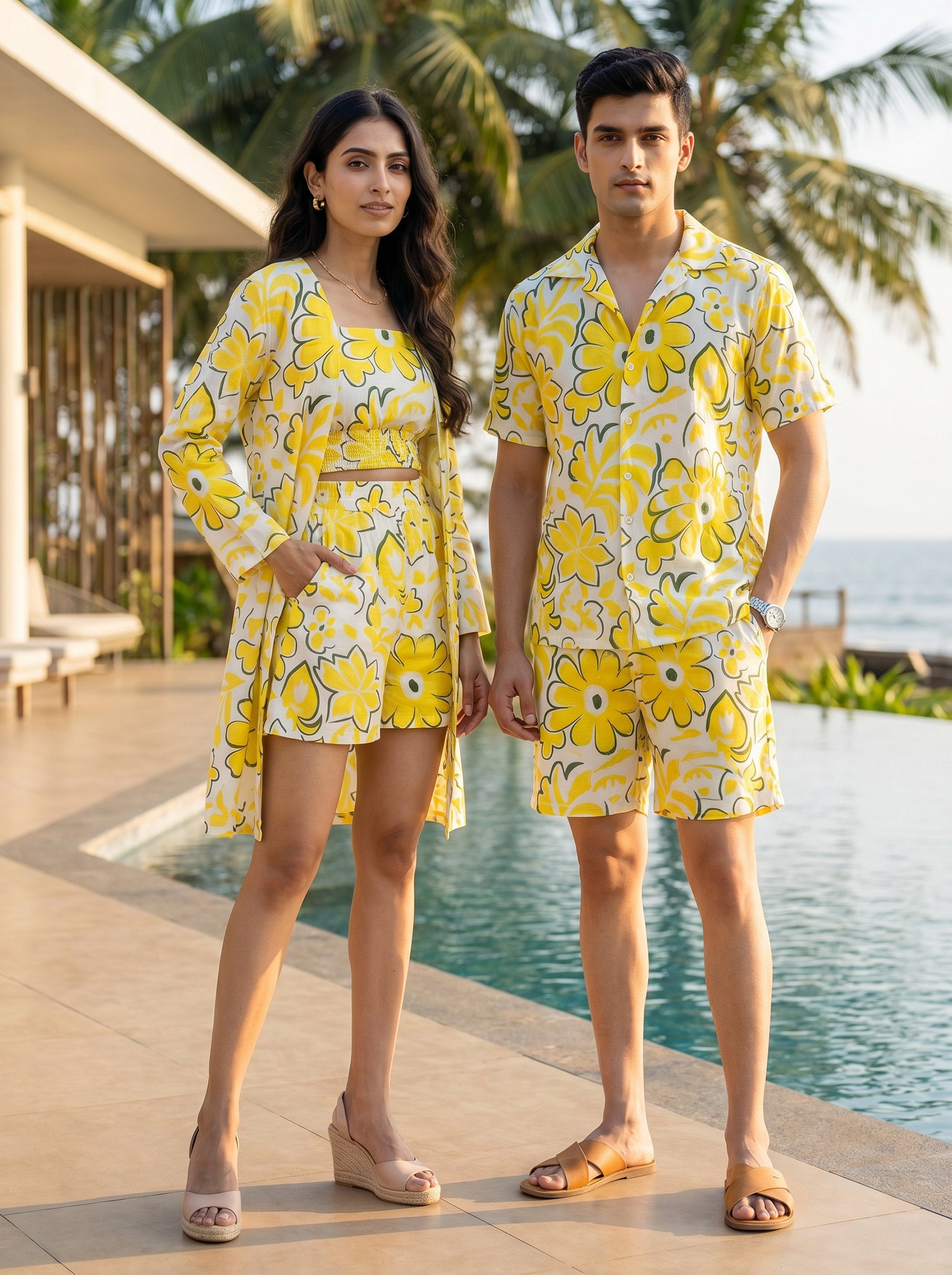 Couple Matching Beach Outfits – Honeymoon Resort Wear Shirt & Kaftan Set for Vacation Dinner Anniversary & Goa Trip