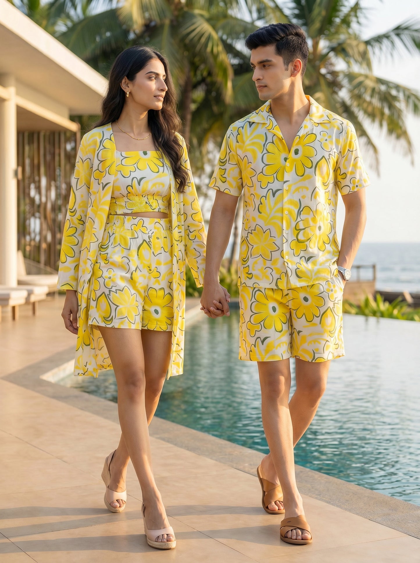 Couple Matching Beach Outfits – Honeymoon Resort Wear Shirt & Kaftan Set for Vacation Dinner Anniversary & Goa Trip