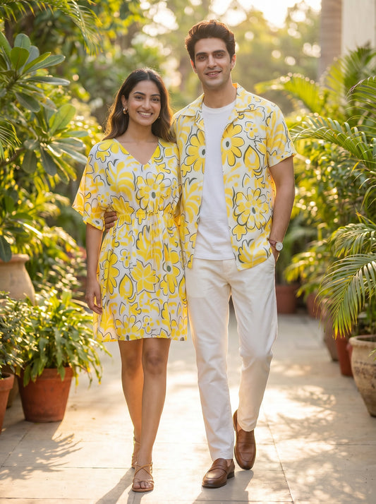 Couple Twinning Beach Outfit – Matching Shirt & Dress for Vacation Party Beach Photoshoot Birthday Dinner & Getaway